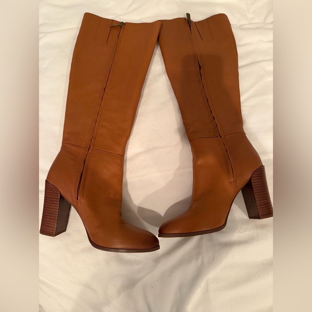Kenneth Cole Justin block heel knee high boots cognac sz 7.5 NWT and box